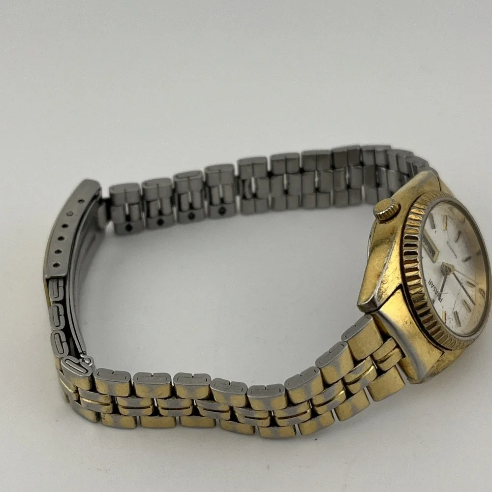Vtg Pulsar Watch Women 24mm Gold Tone Day Date 6.5